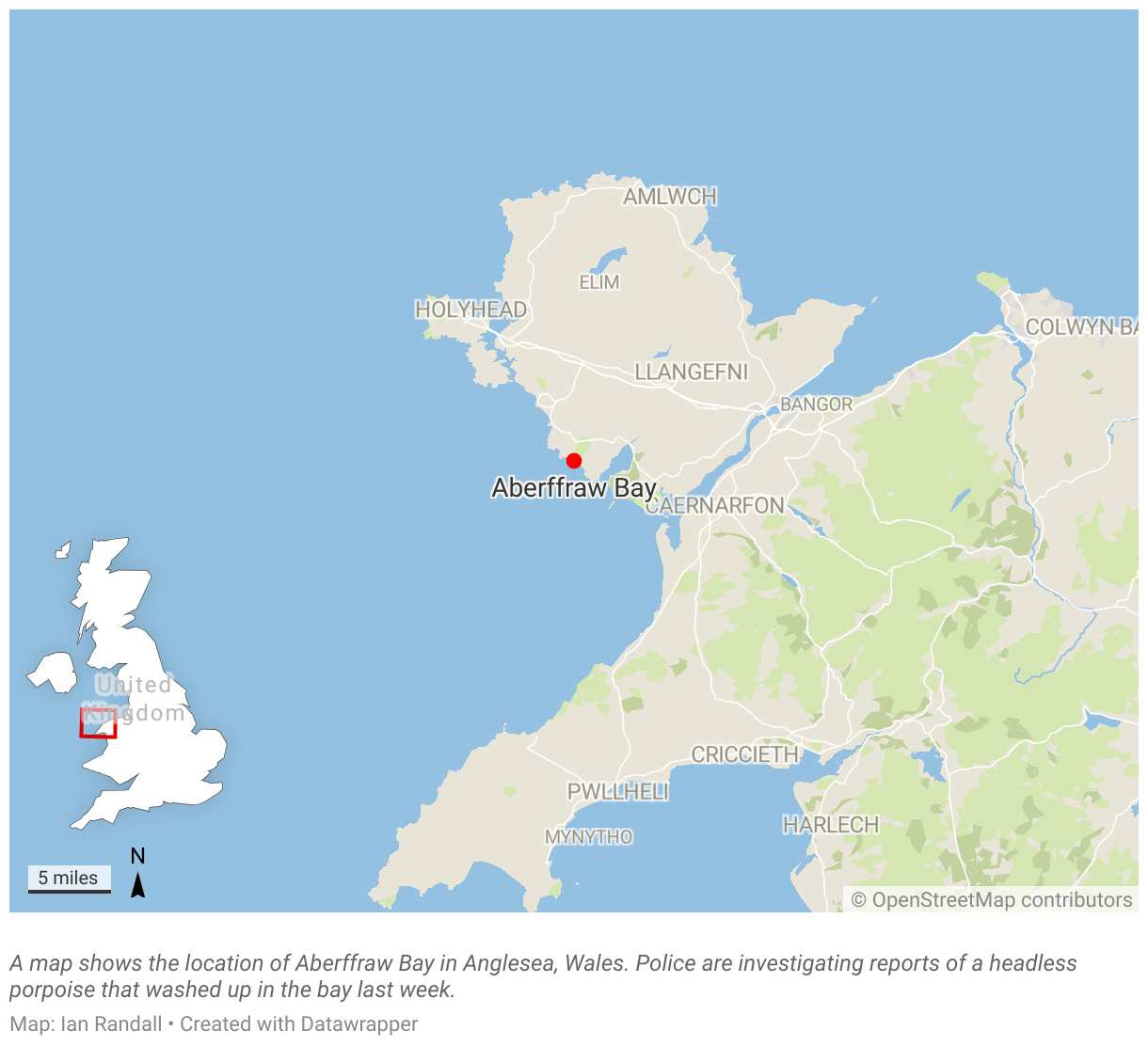 A map shows the location of Aberffraw Bay in Anglesea, Wales.