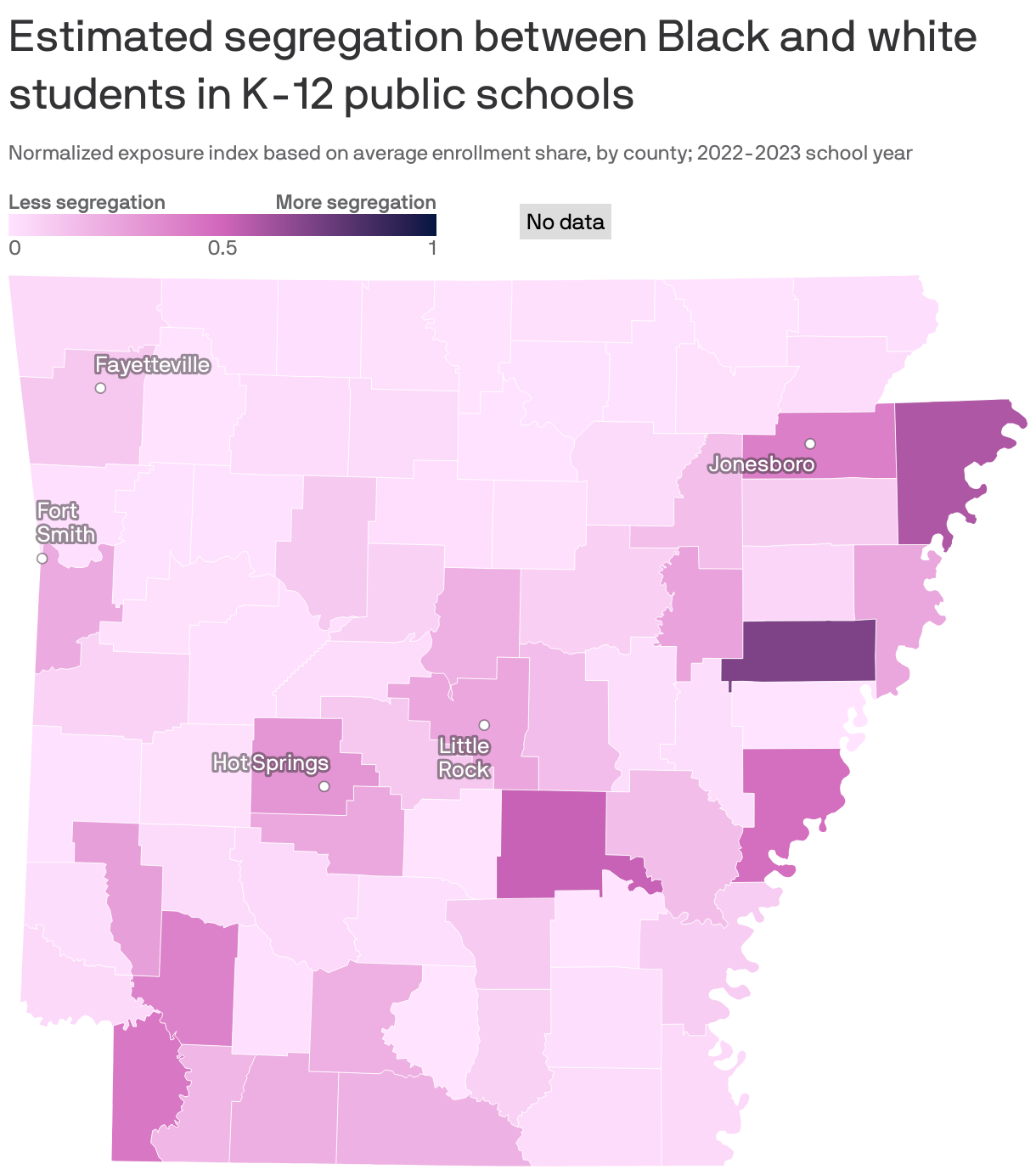 Choropleth map of U.S. counties showing the estimated level of segregation between Black and white students in K-12 public schools. Schools in counties in the southern U.S., southern California and Northeast tend to be more segregated than counties in the Pacific Northwest and Midwest.