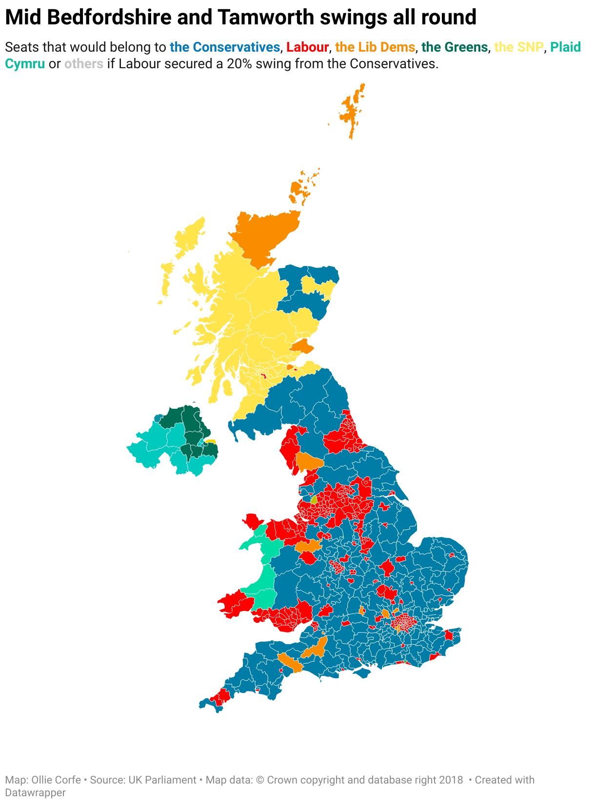 UK parliamentary constituencies map if Labour get 20% swing.