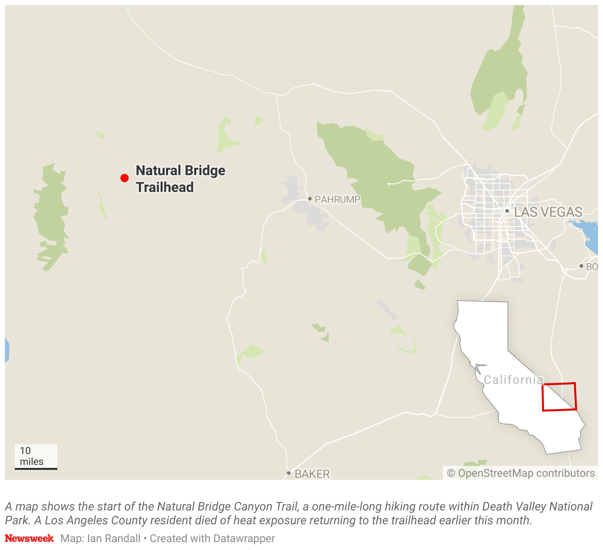 A map shows the beginning of the Natural Bridge Canyon Trail, a 1-mile hiking route in Death Valley National Park.