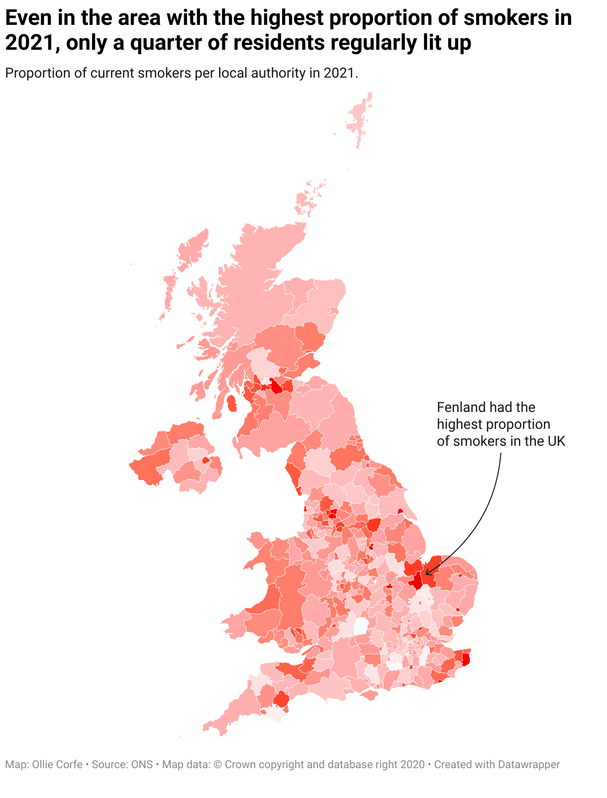 Map of smoker proportions per local authority in the UK.