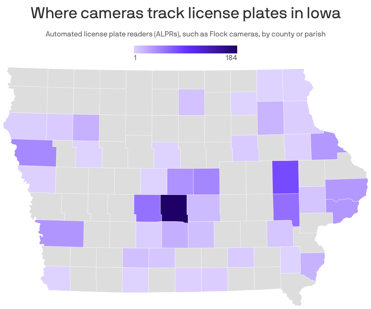 A map showing in the number of ALPR cameras in each county in the state. Darker shades represent more cameras, lighter shades represent fewer, and gray means there have been no cameras reported in that county. 