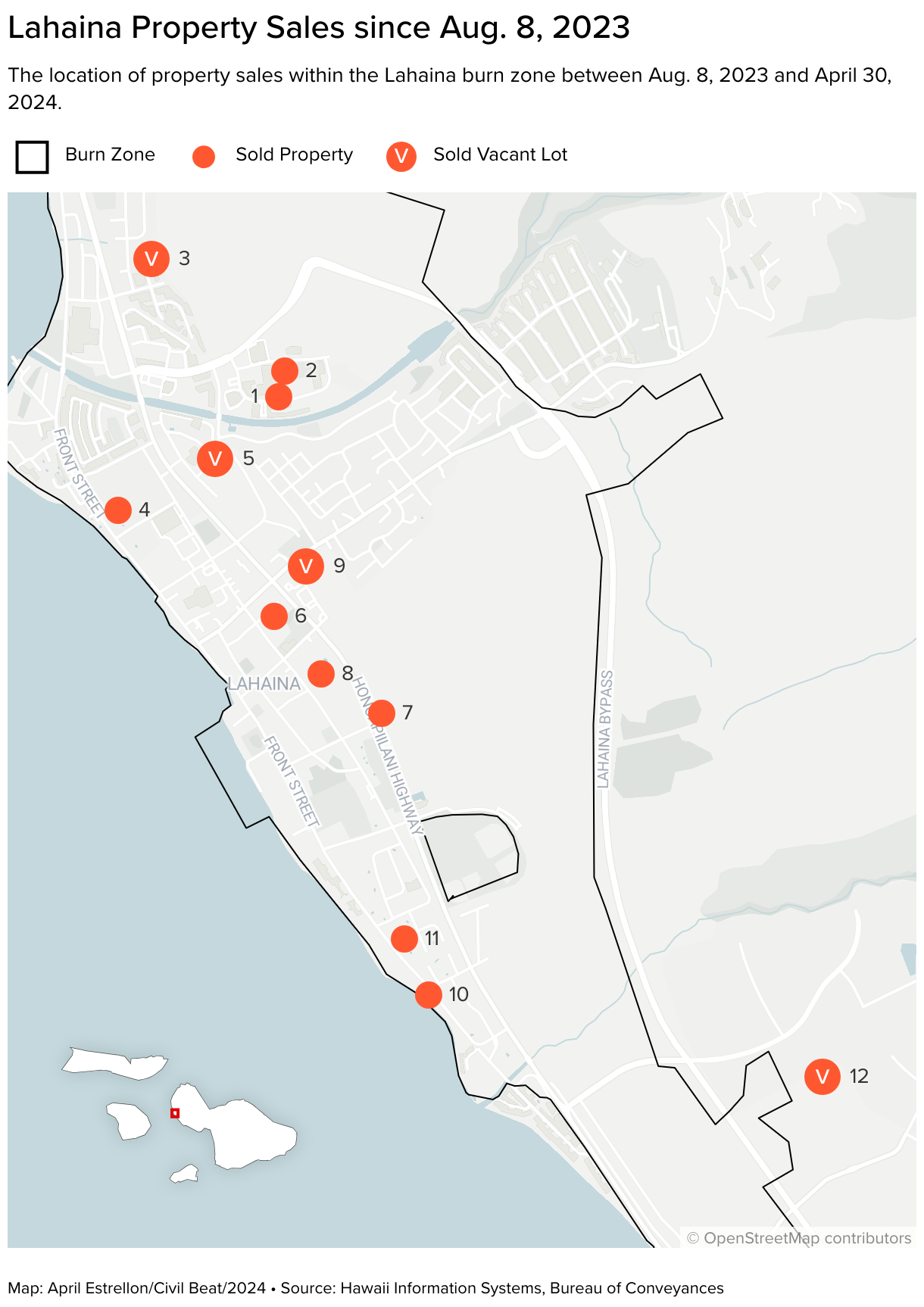 A map showing property transactions in the Lahaina burn zone between Aug. 8 2023 and the end of April 2024.