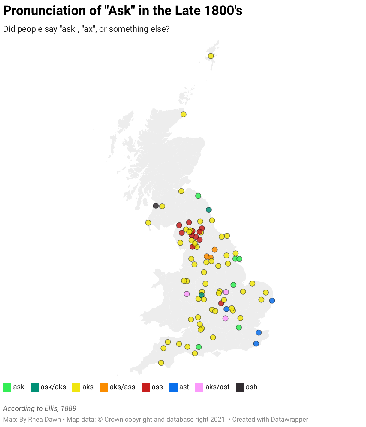 A map of pronunciations of the word "ask" from Alexander Ellis' 1889 "The Existing Pronunciation of English Dialects". On the map, the pronunciation "ax" visibly dominates the entirety of Britain, with only about a tenth of surveyed locations pronouncing it "ask".