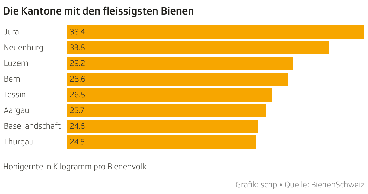 Die Kantone mit den fleissigsten Bienen (Balken)