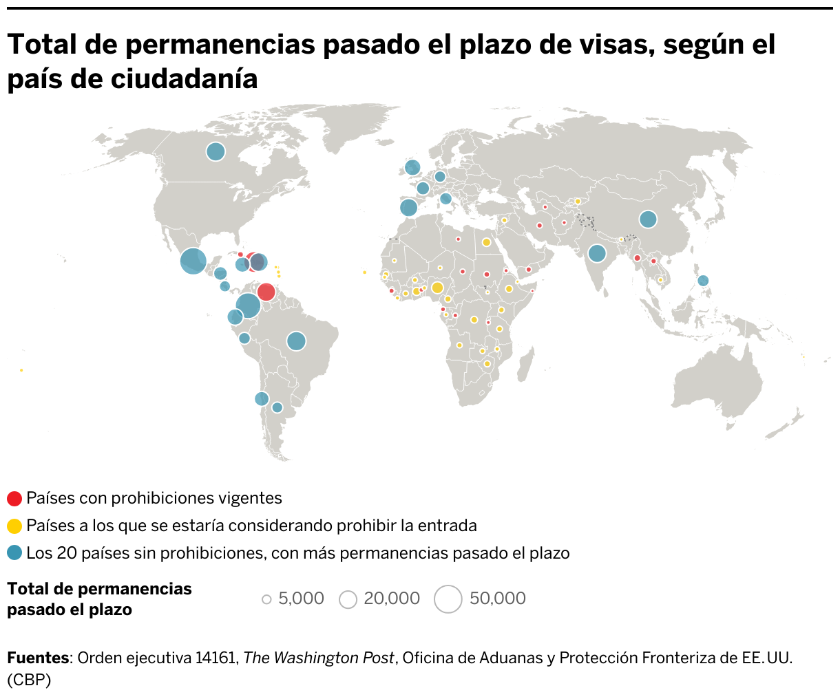 Total de permanencias pasado el plazo de visas, según el país de ciudadanía (Symbol map)
