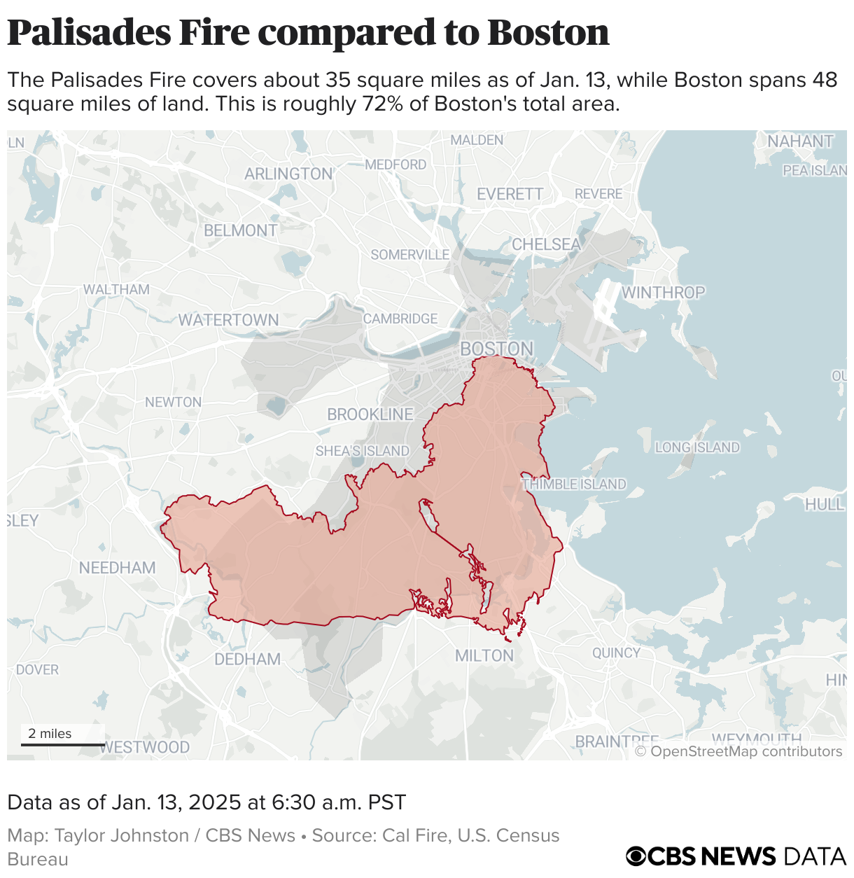 Perimeter of the Palisades Fire placed on the city of Boston.