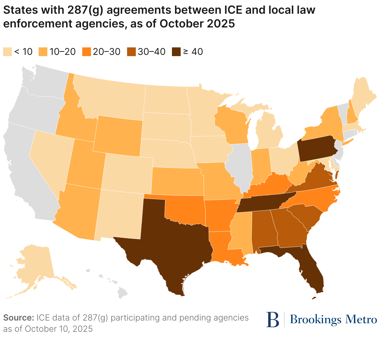 States with 287(g) agreements between ICE and local law enforcement agencies, as of  October 2025 (Choropleth map)
