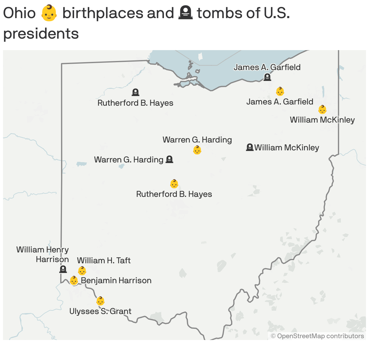 A map of U.S. President birth sites and tombs in Ohio