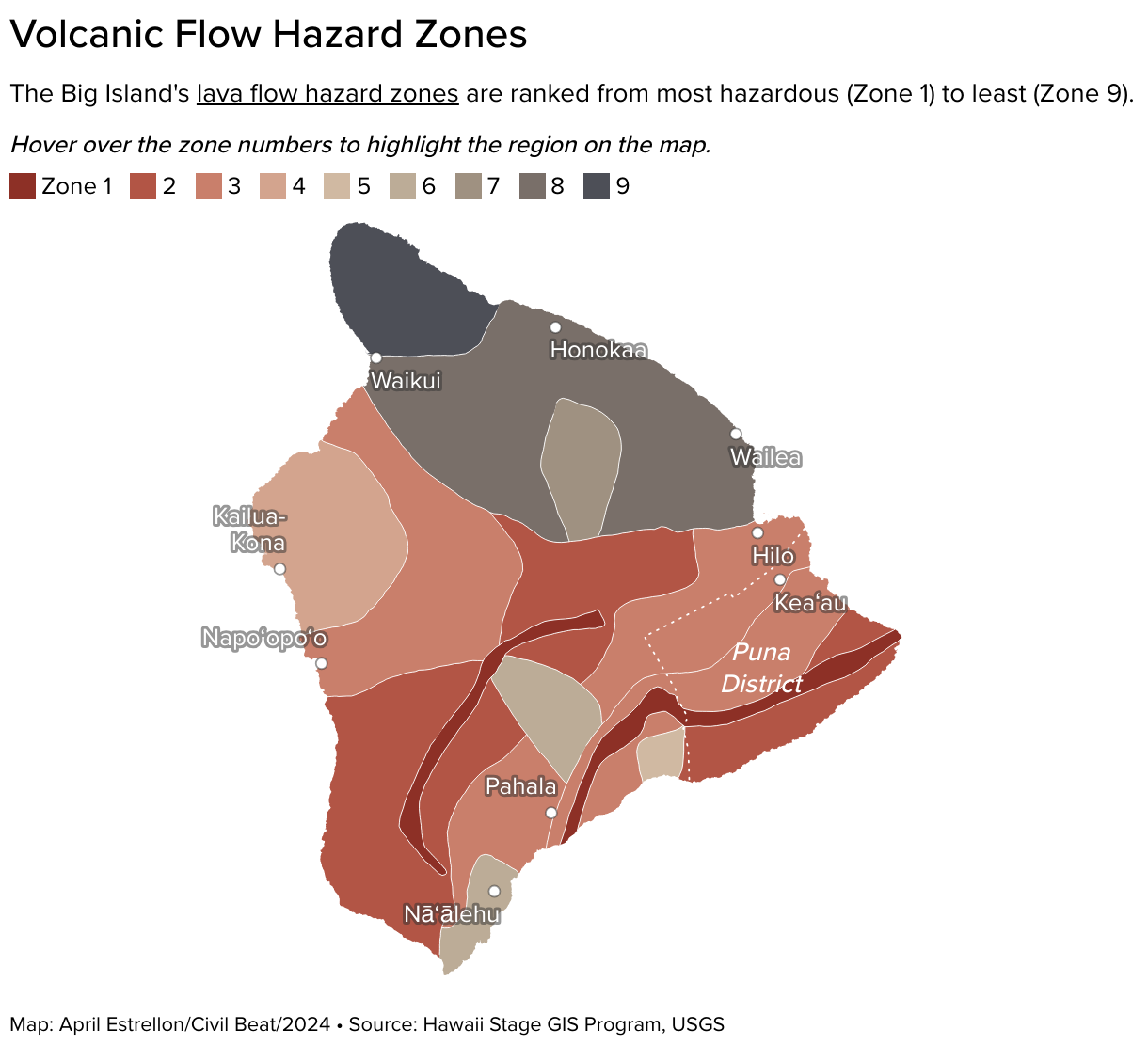 Map of the Big Island divided by volcanic flow hazard zones.