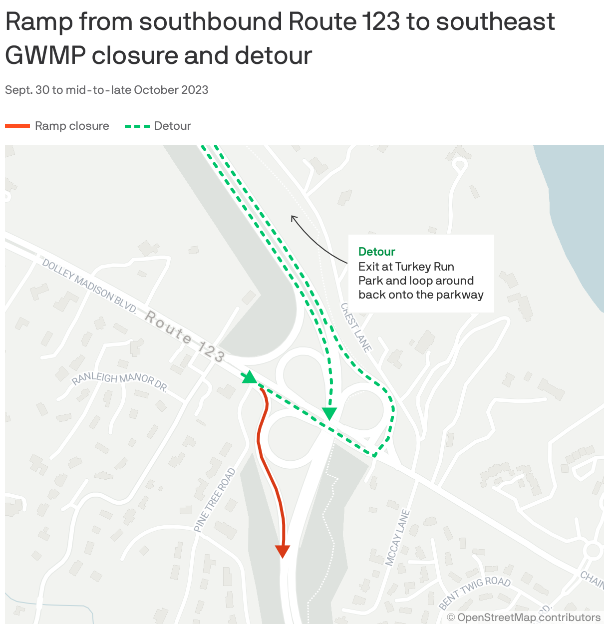 Ramp from southbound Route 123 to southeast GWMP closure and detour