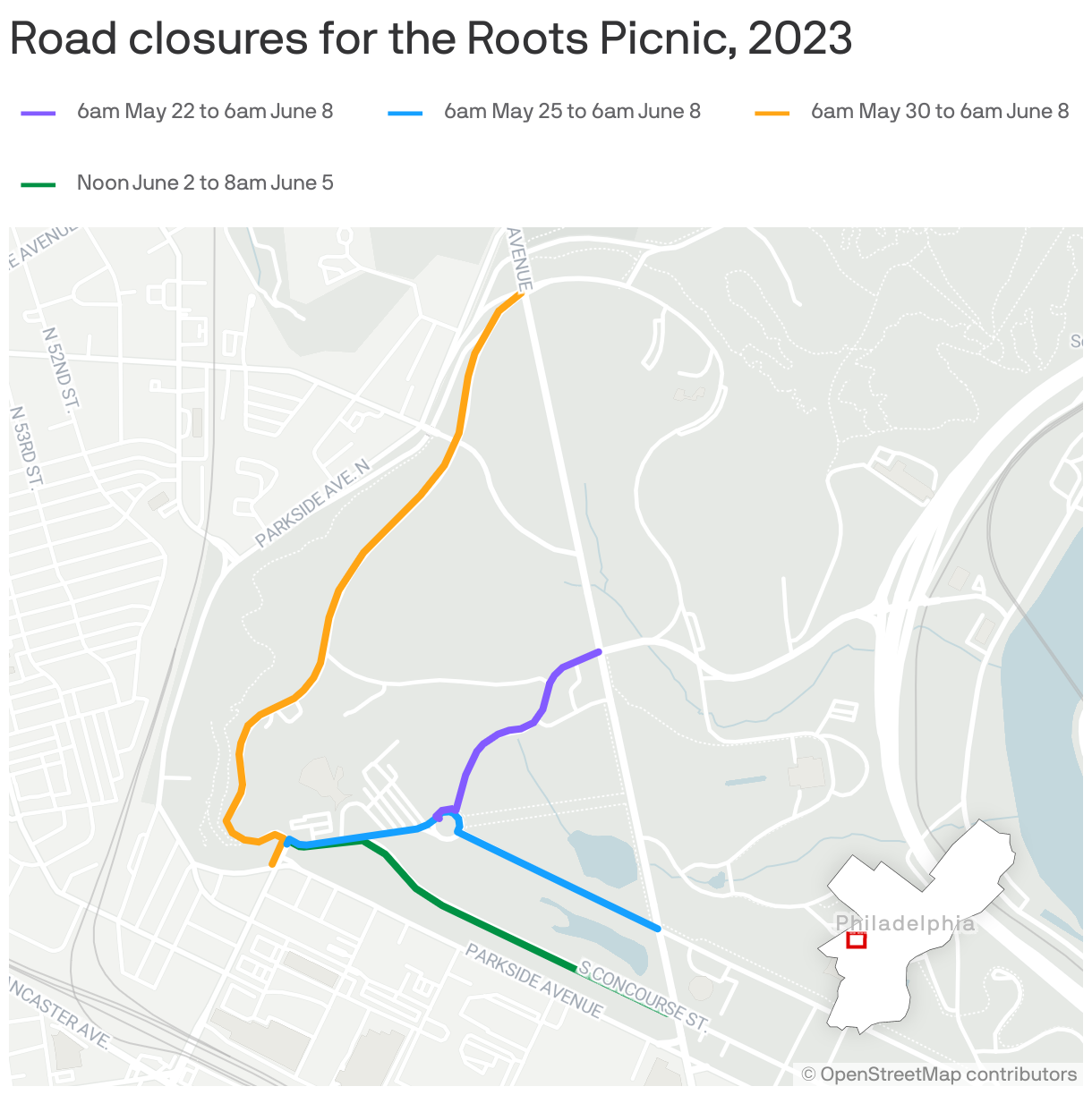 Road closures for the Roots Picnic, 2023