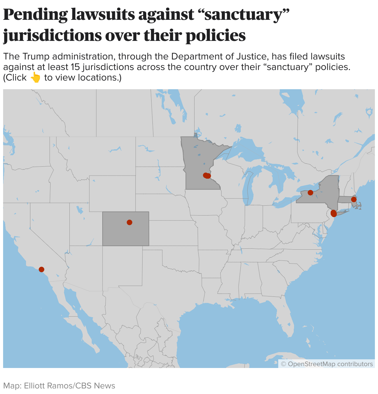 Jurisdictions sued by the Trump administration over their sanctuary policies (Locator map)