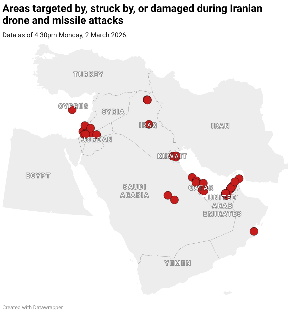Areas targeted or struck by Iranian drone or missile attacks (Symbol map)