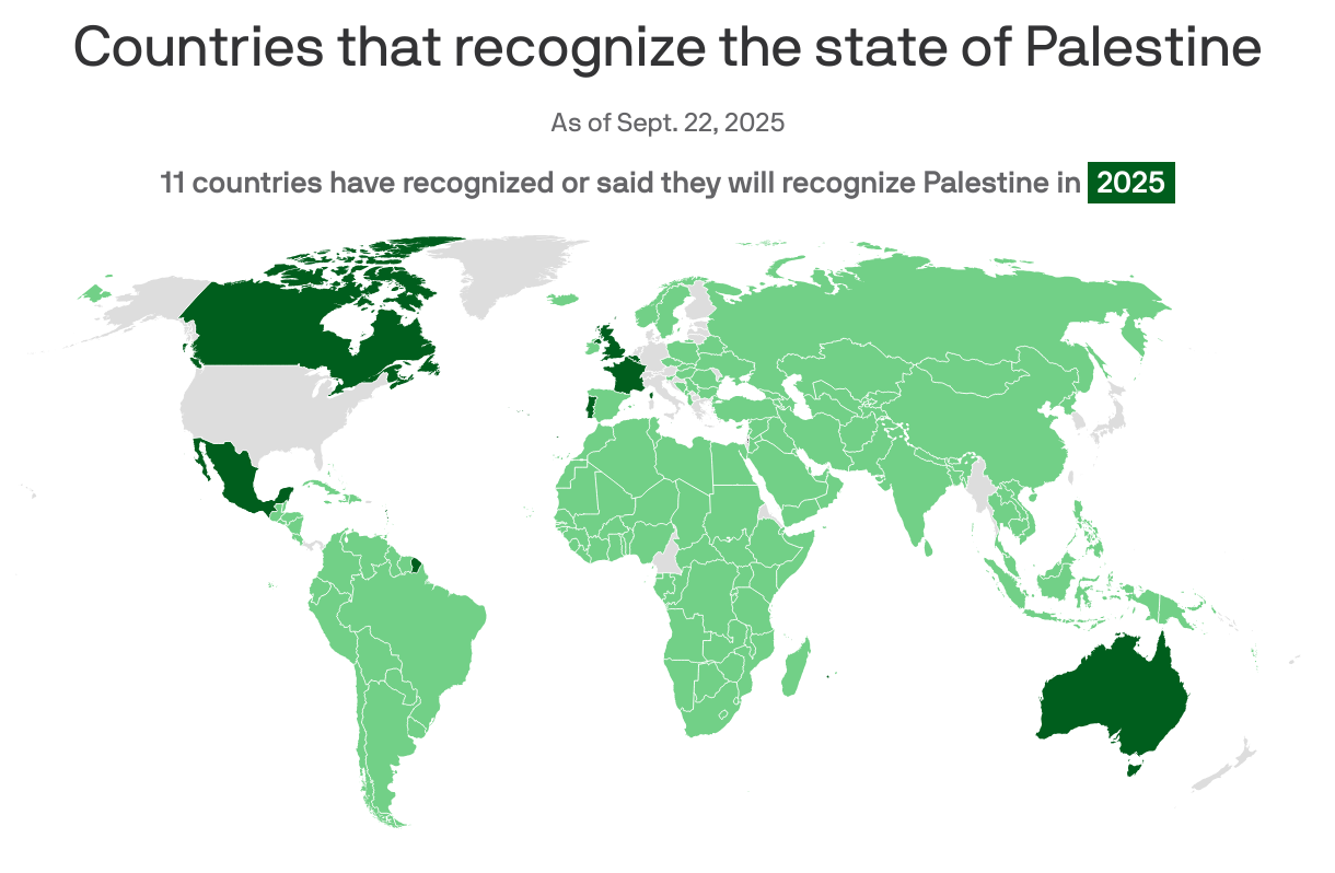 A world map shows the countries that have recognized Palestine as a state. Most of Asia, Africa and South America have recognized Palestine, while the U.S., Canada, Australia and much of western Europe have not. 