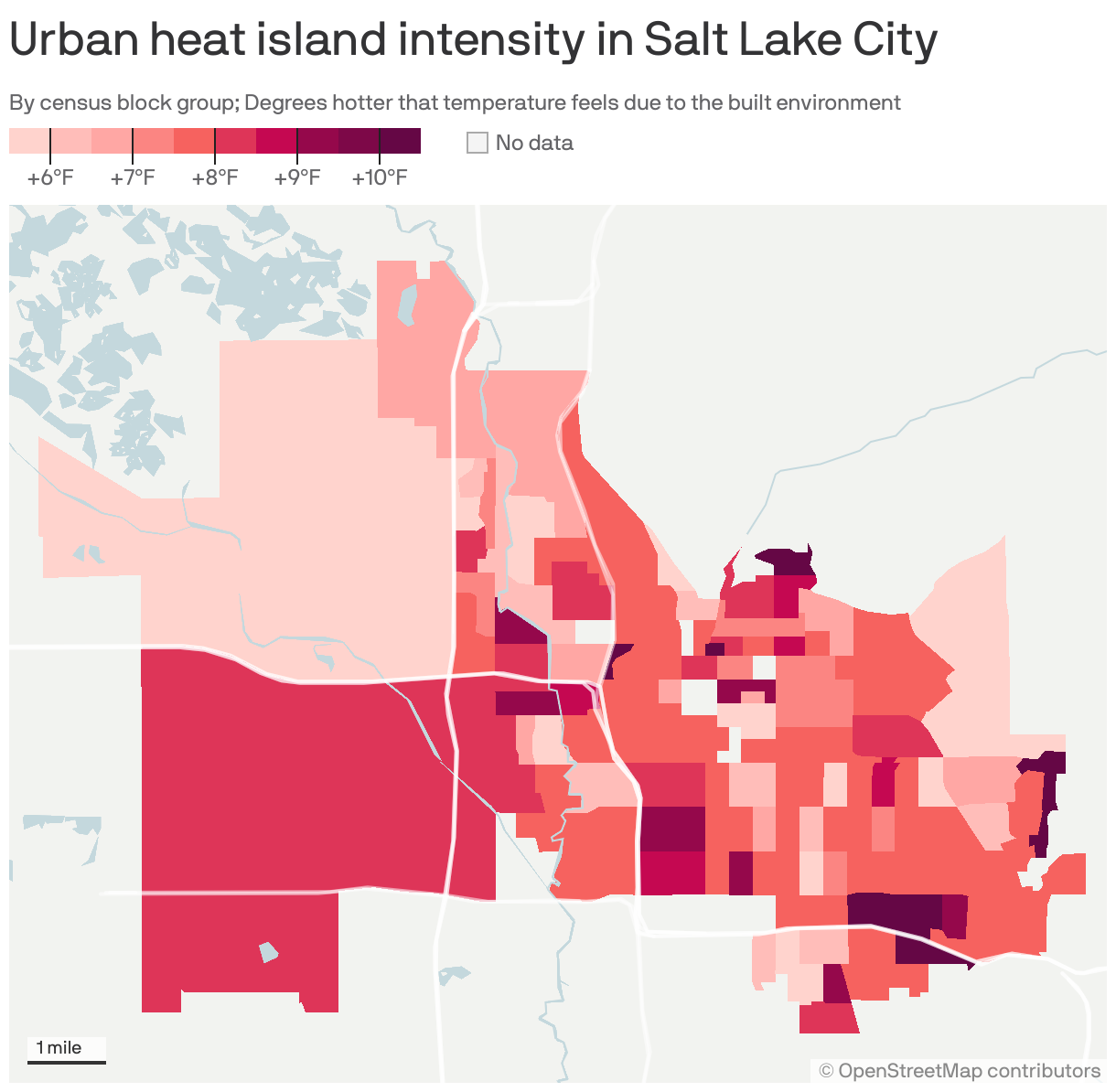 Map of Salt Lake City showing the intensity of urban heat islands by census block group. On average, the city feels 8°F hotter due to the built environment.