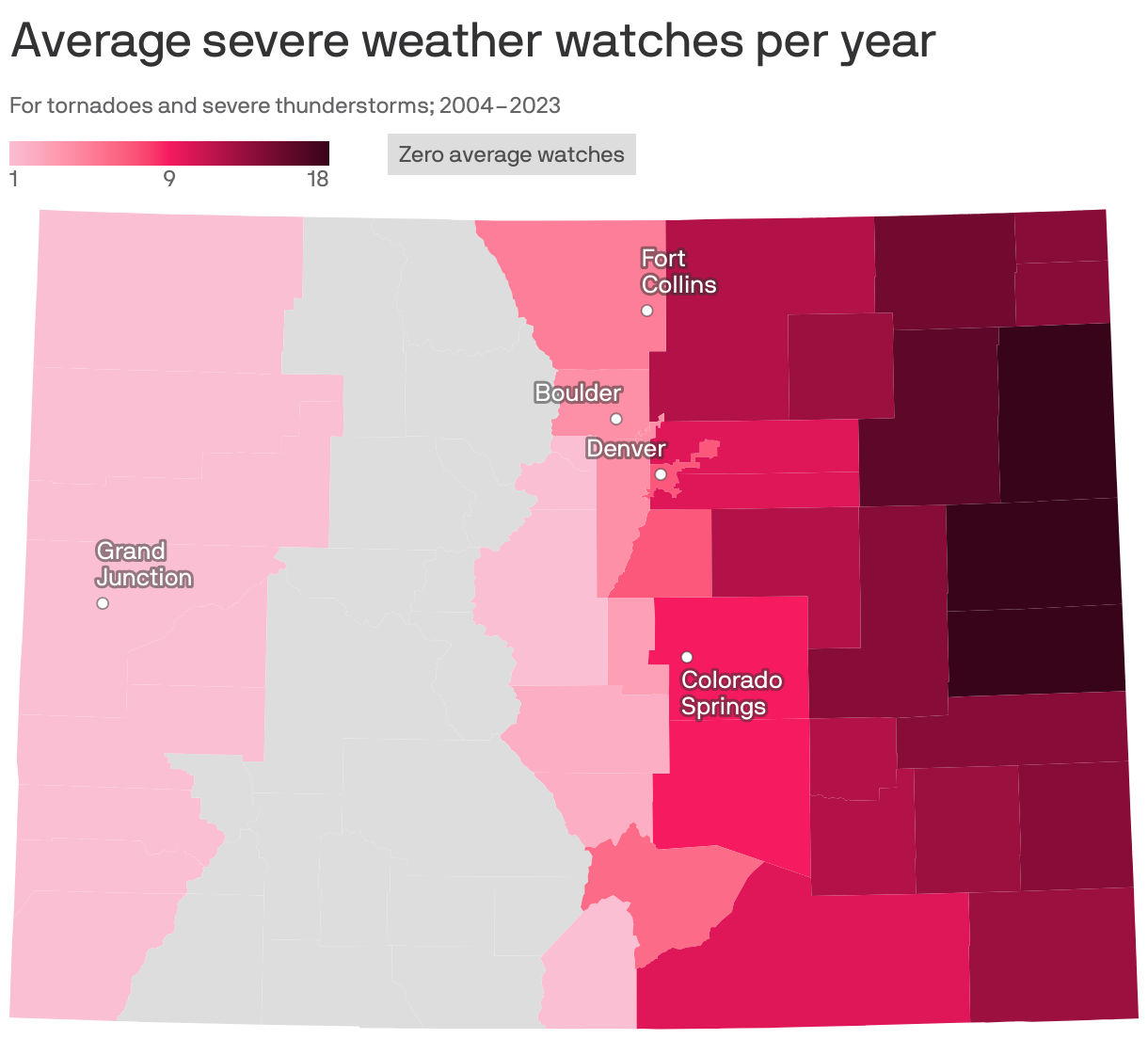 Choropleth map of U.S. counties showing the average number of severe weather watches reported per year, from data collected 2004 to 2023. Counties in the midwest, particularly in Oklahoma, Iowa, Kansas and Nebraska, have the most severe weather watches. States on the West Coast have little to none. Comanche County in Oklahoma is the highest, with 21 severe thunderstorm or tornado watches reported on average per year.