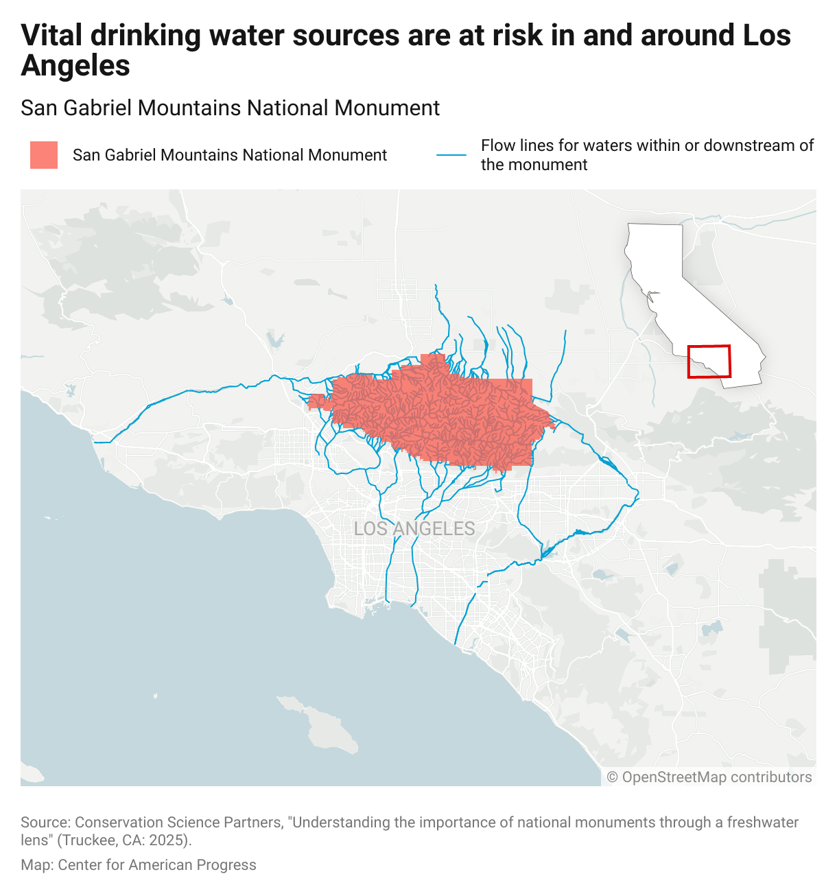 Map of San Gabriel Mountains National Monument and the waters flowing within and downstream of it.