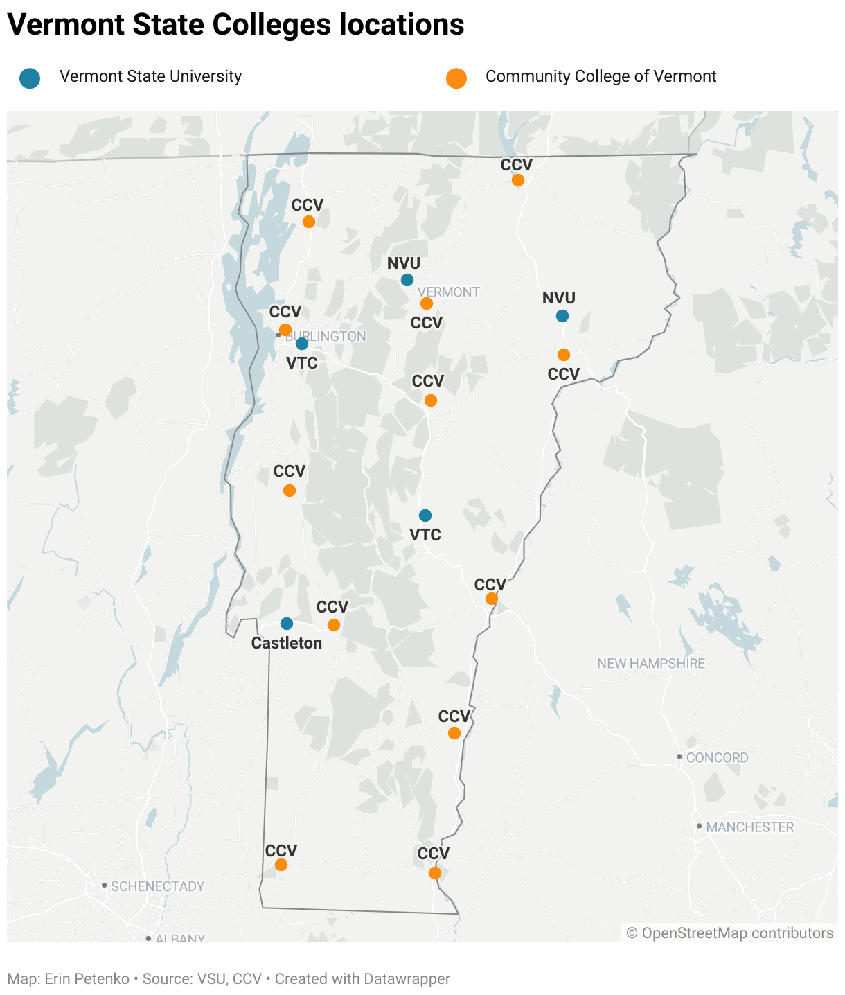 There are five main campuses for the future Vermont State University, and 12 locations for the Community College of Vermont, that make up the Vermont State College system. 