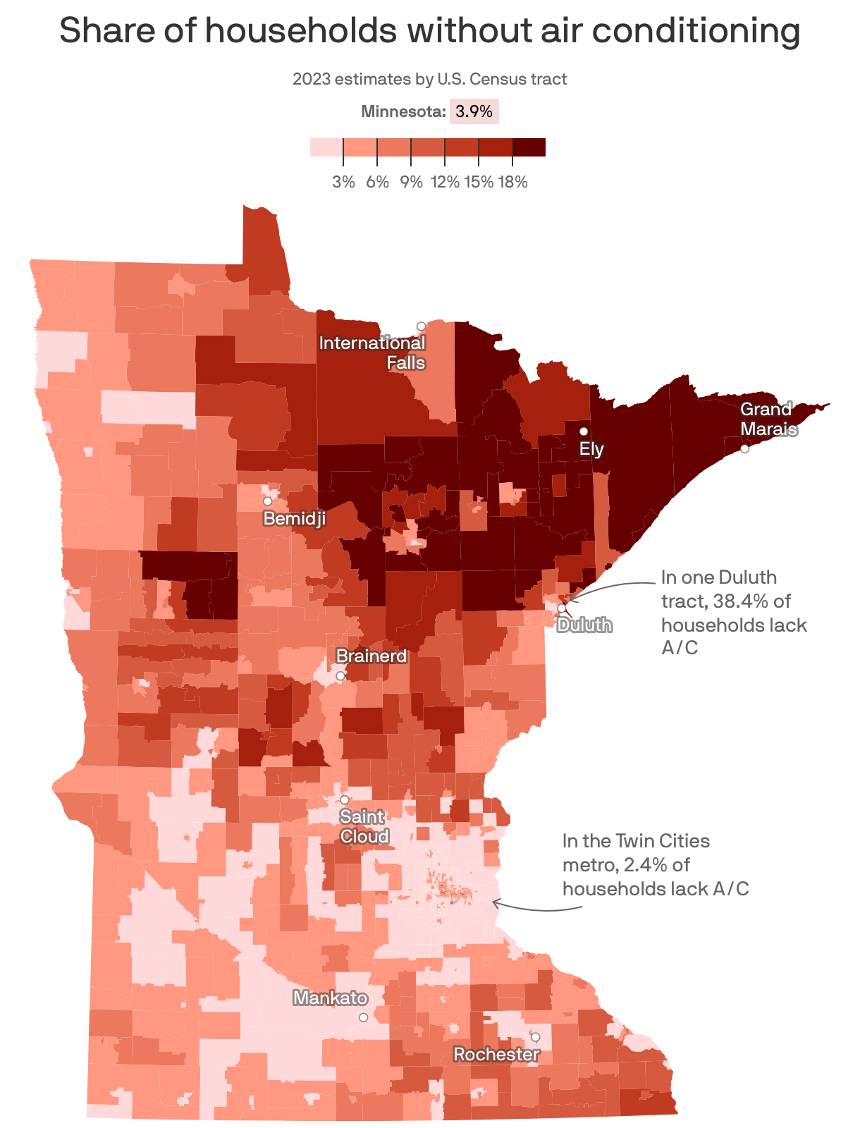 A map of Census tracts in Minnesota with darker colors indicating parts of the state where a larger share of homes lack air conditioning. Much of the northeastern part of the state is shaded darker, with the lowest rates of air conditioning in the city of Duluth. The highest rates of air conditioning are in the southern part of the state and the Twin Cities metro area.