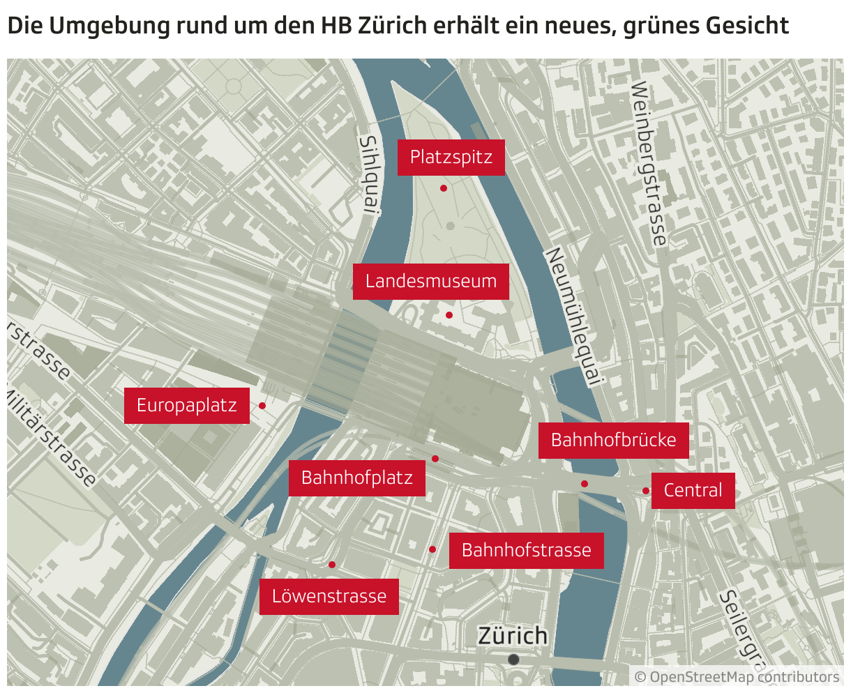 Die Umgebung rund um den HB Zürich erhält ein neues, grünes Gesicht (Locator-Karte)