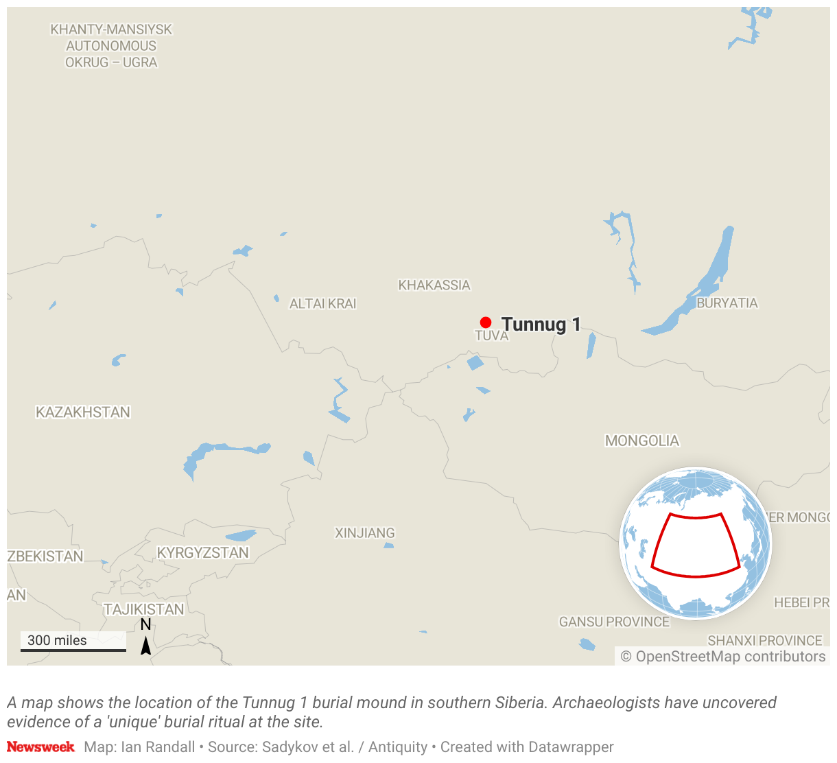 El mapa muestra la ubicación de la fortaleza Tunnug 1 en el sur de Siberia.