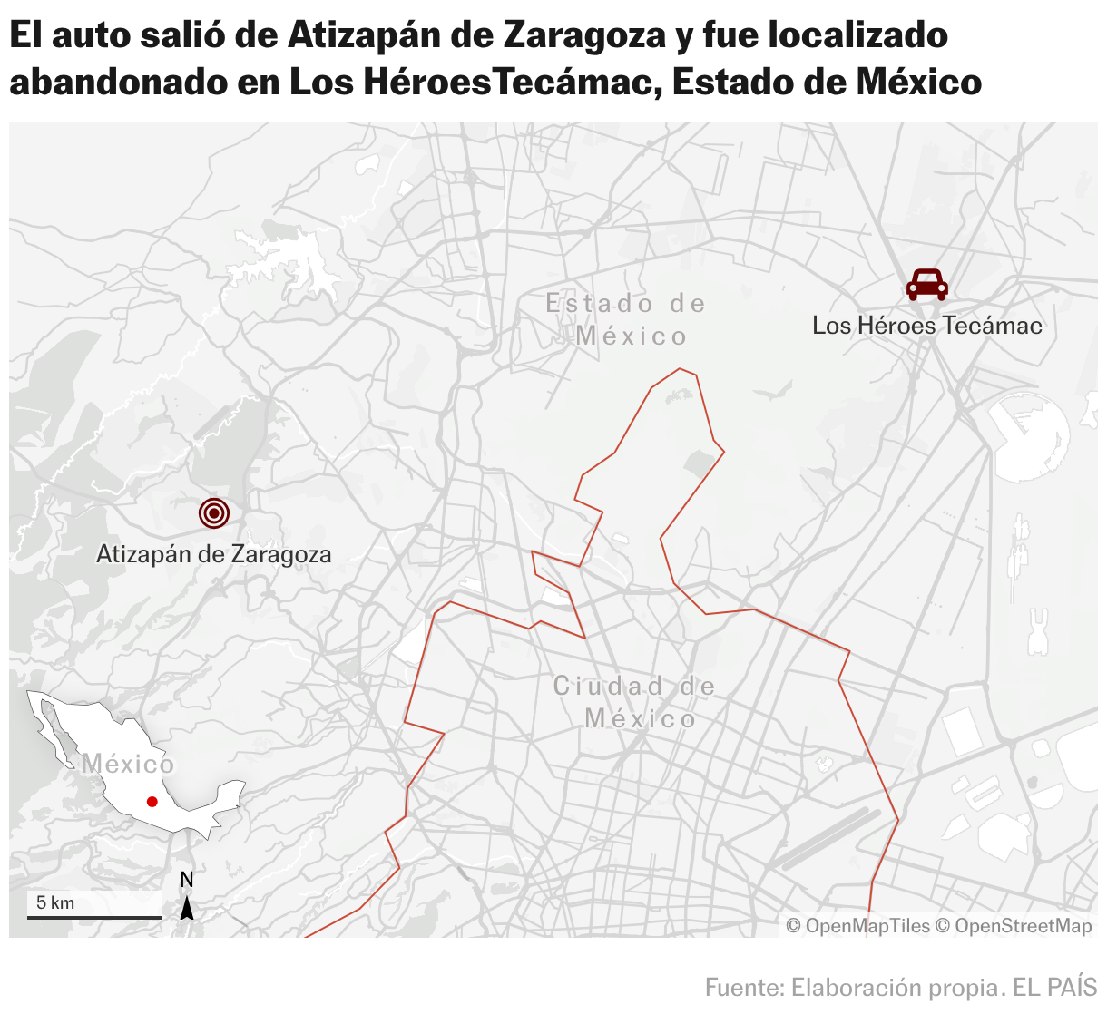 El auto salió de Atizapán de Zaragoza y fue localizado abandonado en Los HéroesTecámac (Mapas de ubicación)