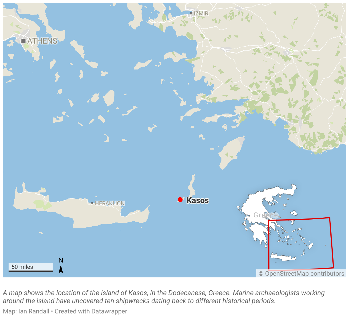 A map shows the location of the island of Kasos, in the Dodecanese, Greece.