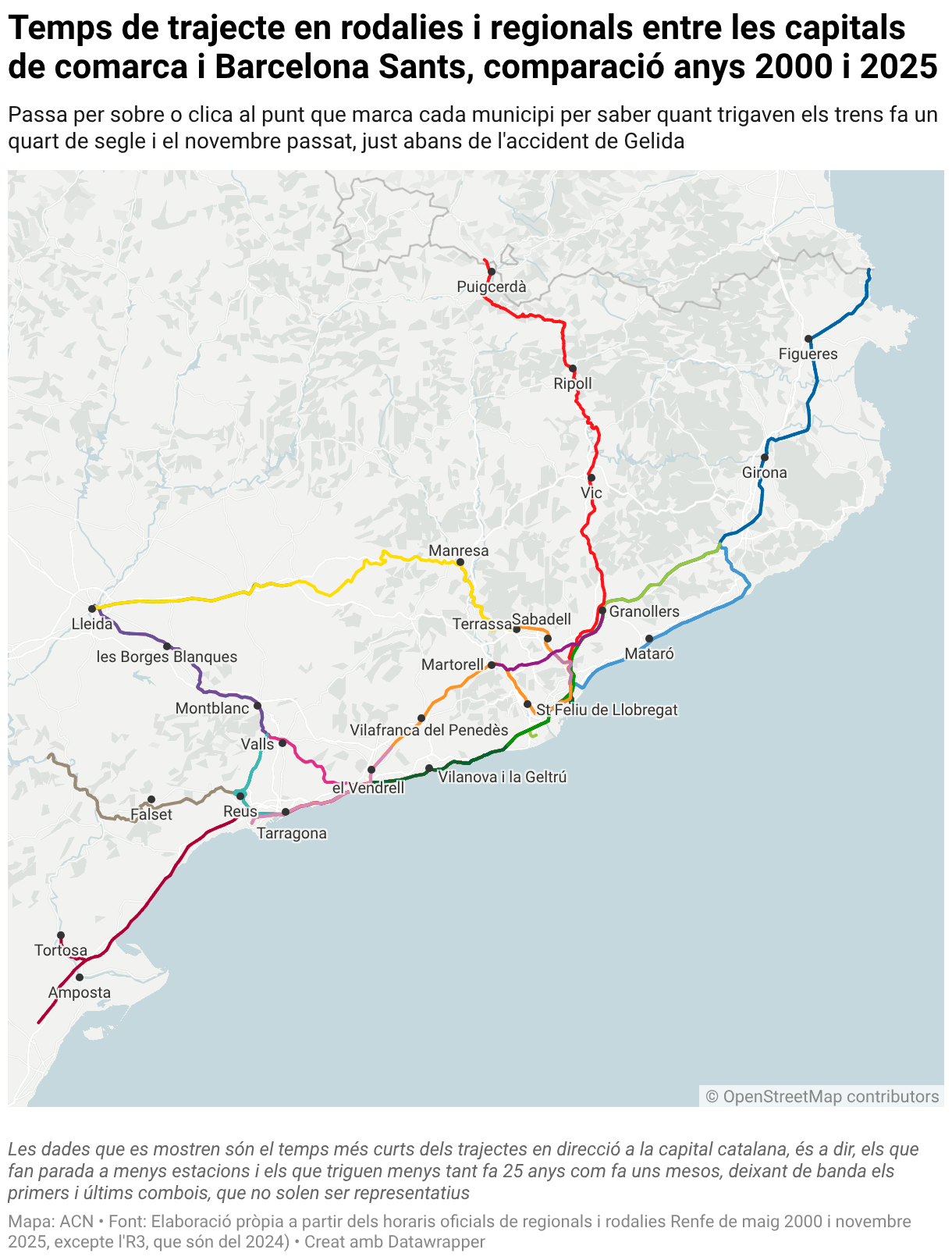 Temps de trajecte en rodalies i regionals entre les capitals de comarca i Barcelona Sants, comparació anys 2000 i 2025 (Locator map)