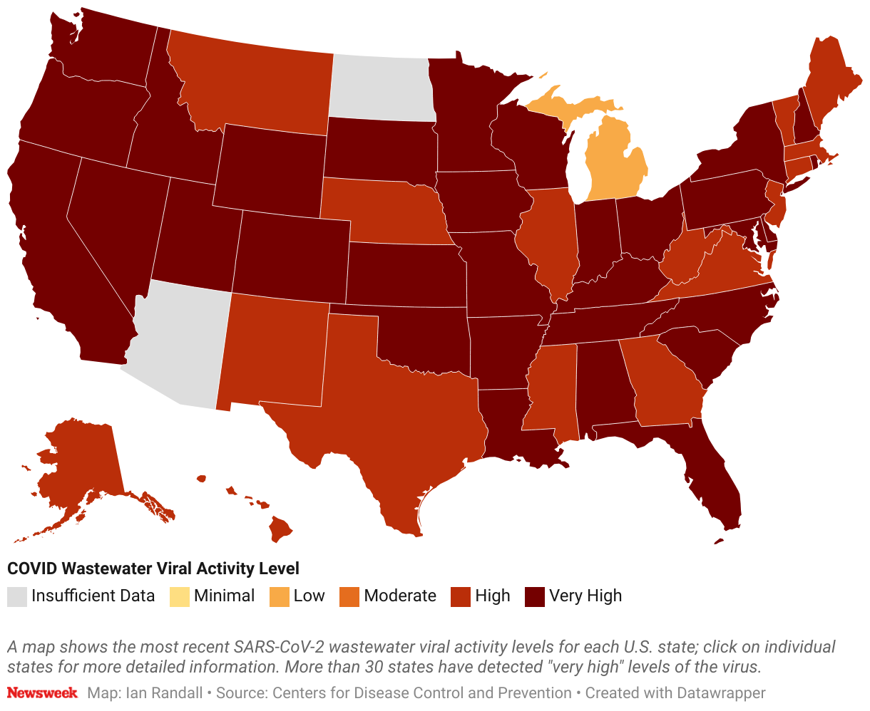 A map shows the most recent SARS-CoV-2 wastewater viral activity levels for each U.S. state.
