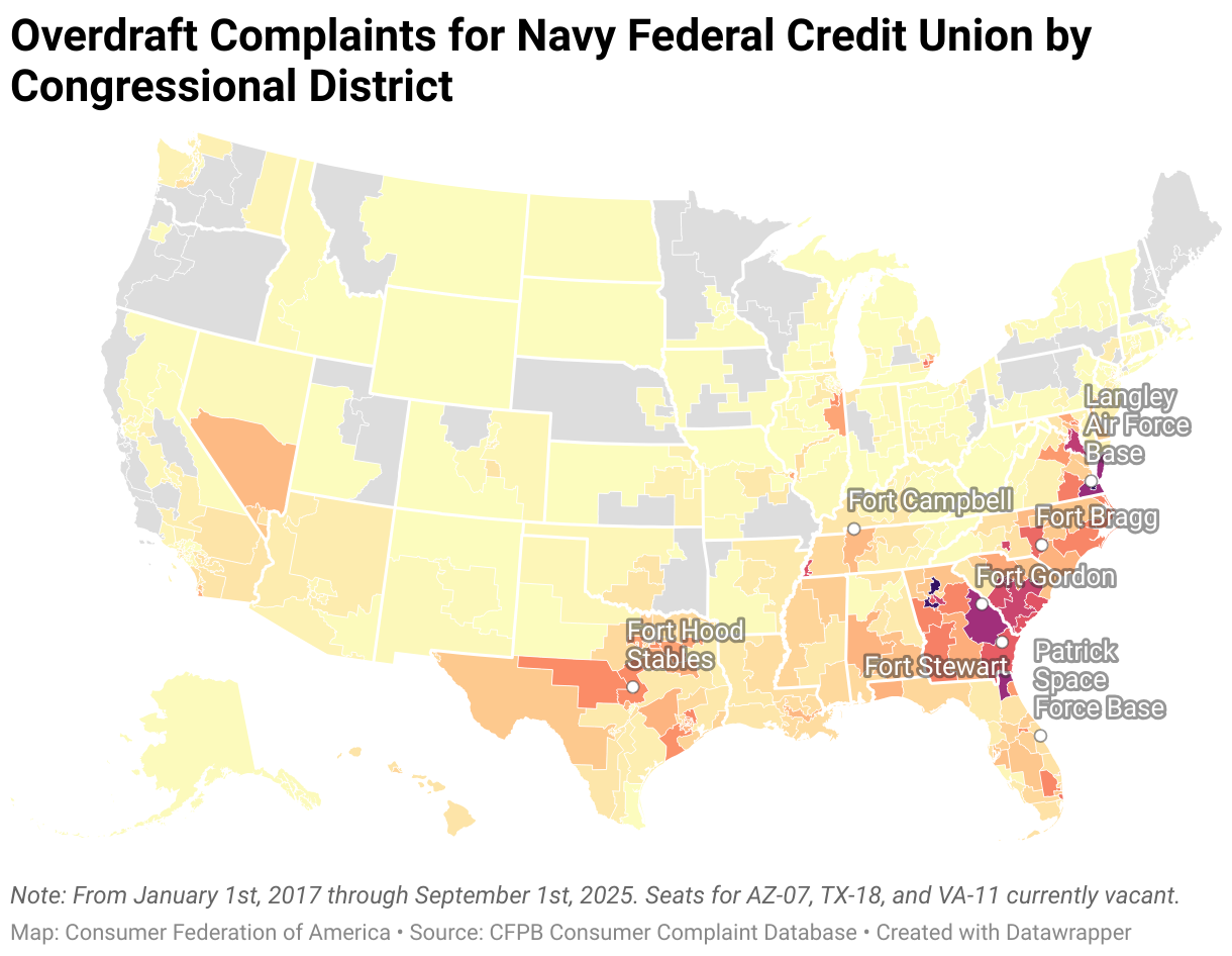 Overdraft Complaints for Navy Federal Credit Union by Congressional District (Choropleth map)