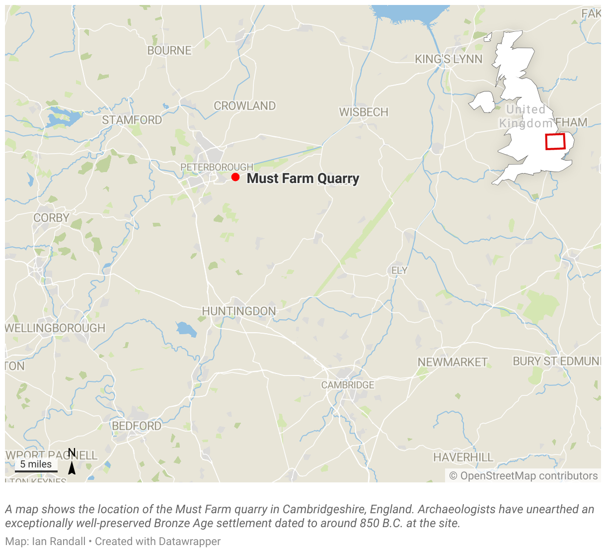 A map shows the location of the Must Farm quarry in Cambridgeshire, England.
