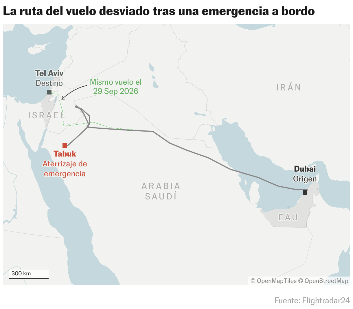 La ruta del vuelo desviado tras una emergencia a bordo (Mapas de ubicación)