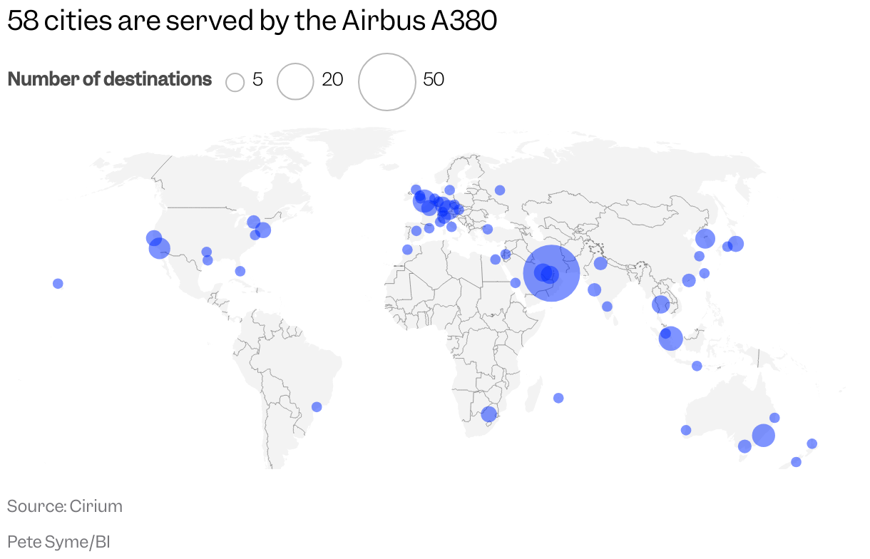 A map of the world with markers, sized by the number of destinations, representing cities served by the Airbus A380