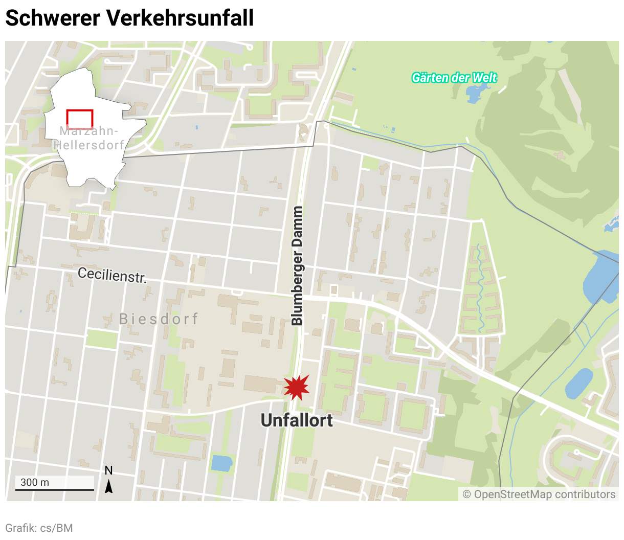 Karte des schweren Unfalls mit einem Todesopfer am Blumberger Damm.