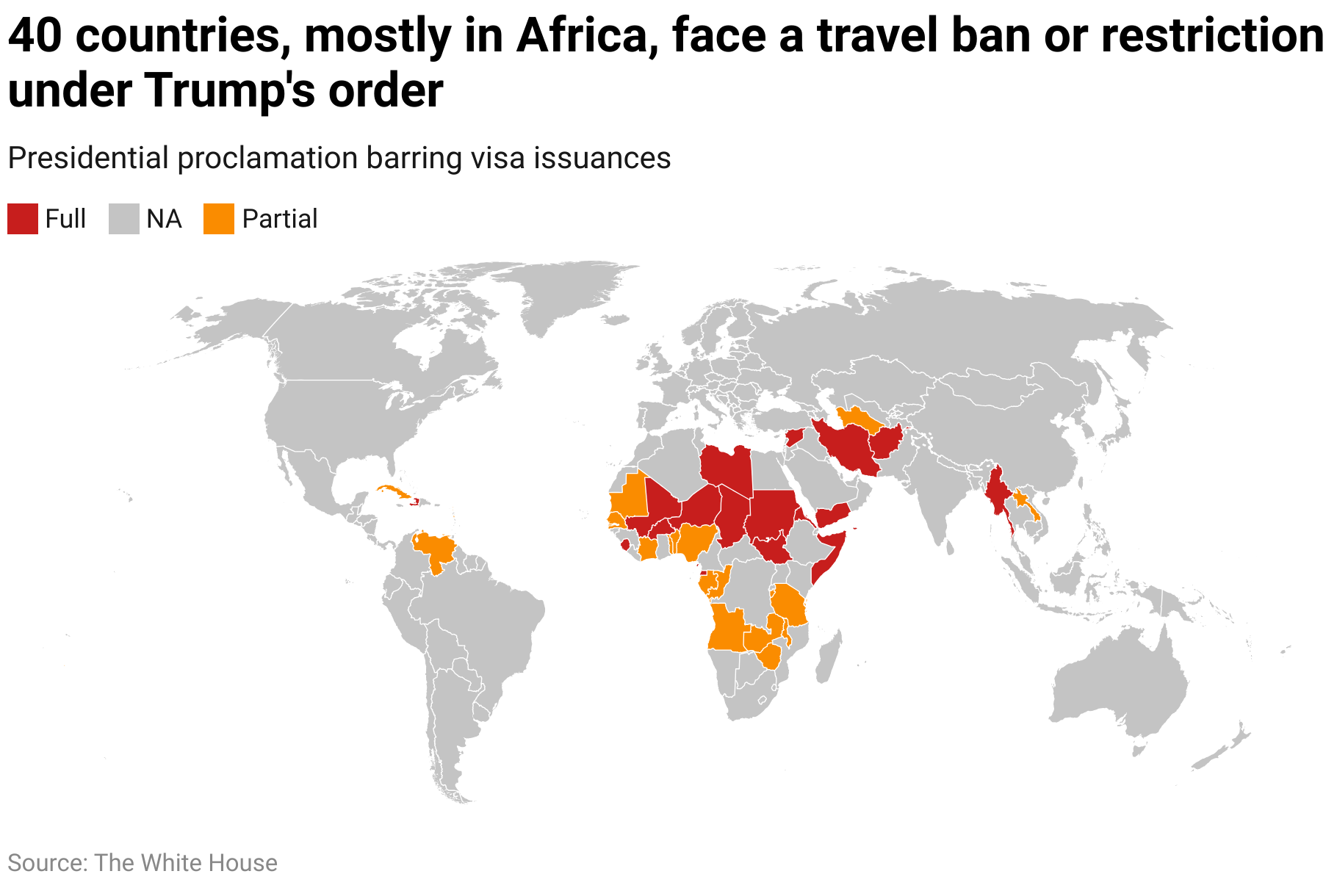 40 countries, mostly in Africa, face a travel ban or restriction under Trump's order
