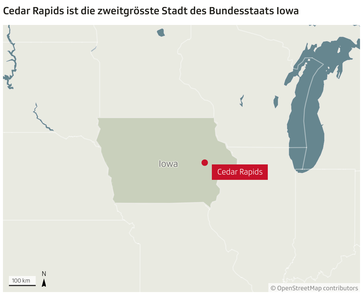 Cedar Rapids ist die zweitgrösste Stadt des Bundesstaats Iowa (Locator-Karte)