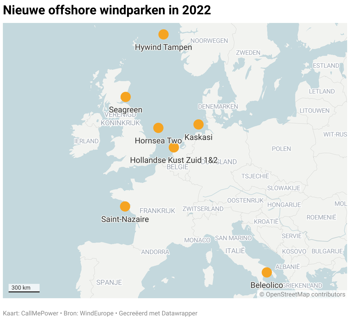 Kaart van Europa met de grooste nieuwe windparken in 2022