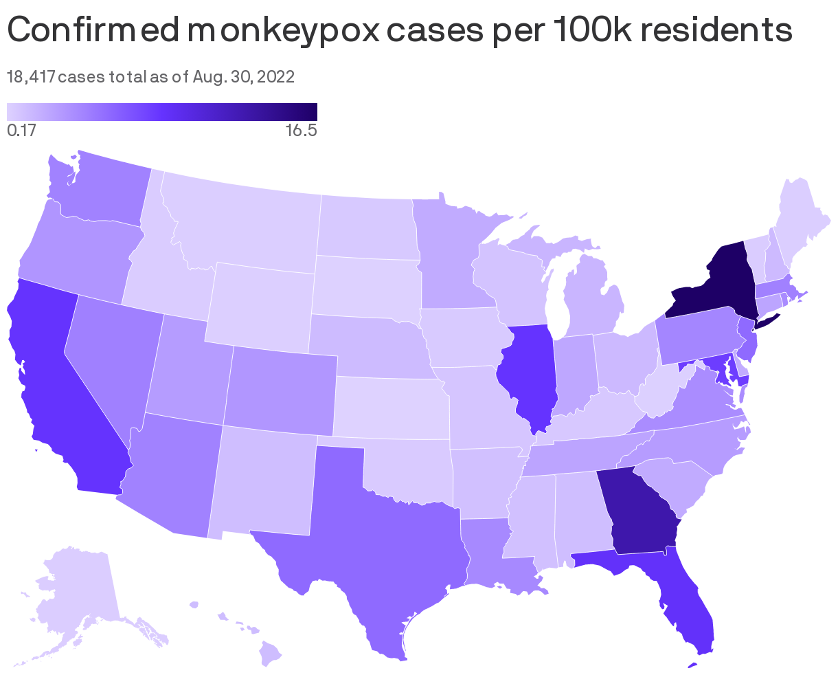 Confirmed monkeypox cases per 100k residents