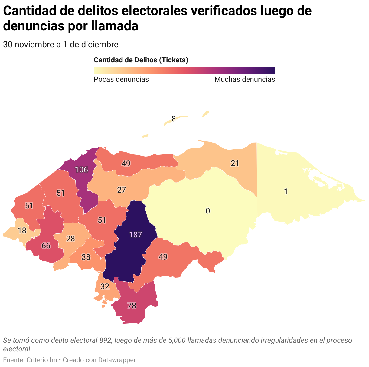 Cantidad de delitos electorales verificados luego de denuncias por llamada (Mapa coroplético)