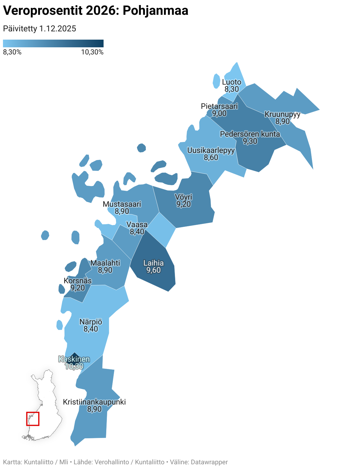 Veroprosentit 2026: Pohjanmaa (Choropleth map)