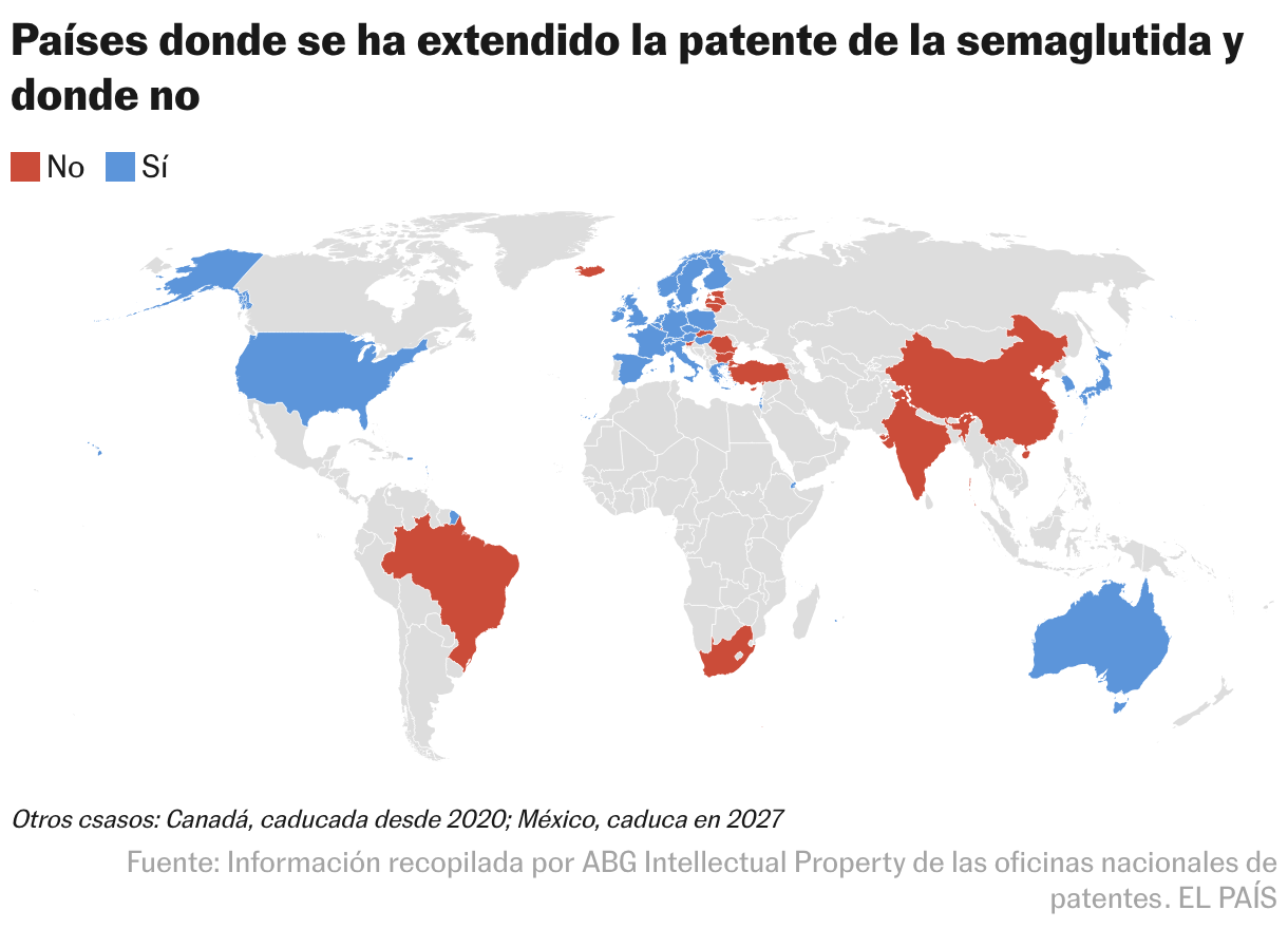 Países en los que se ha extendido la protección de la patente (Mapa coroplético)