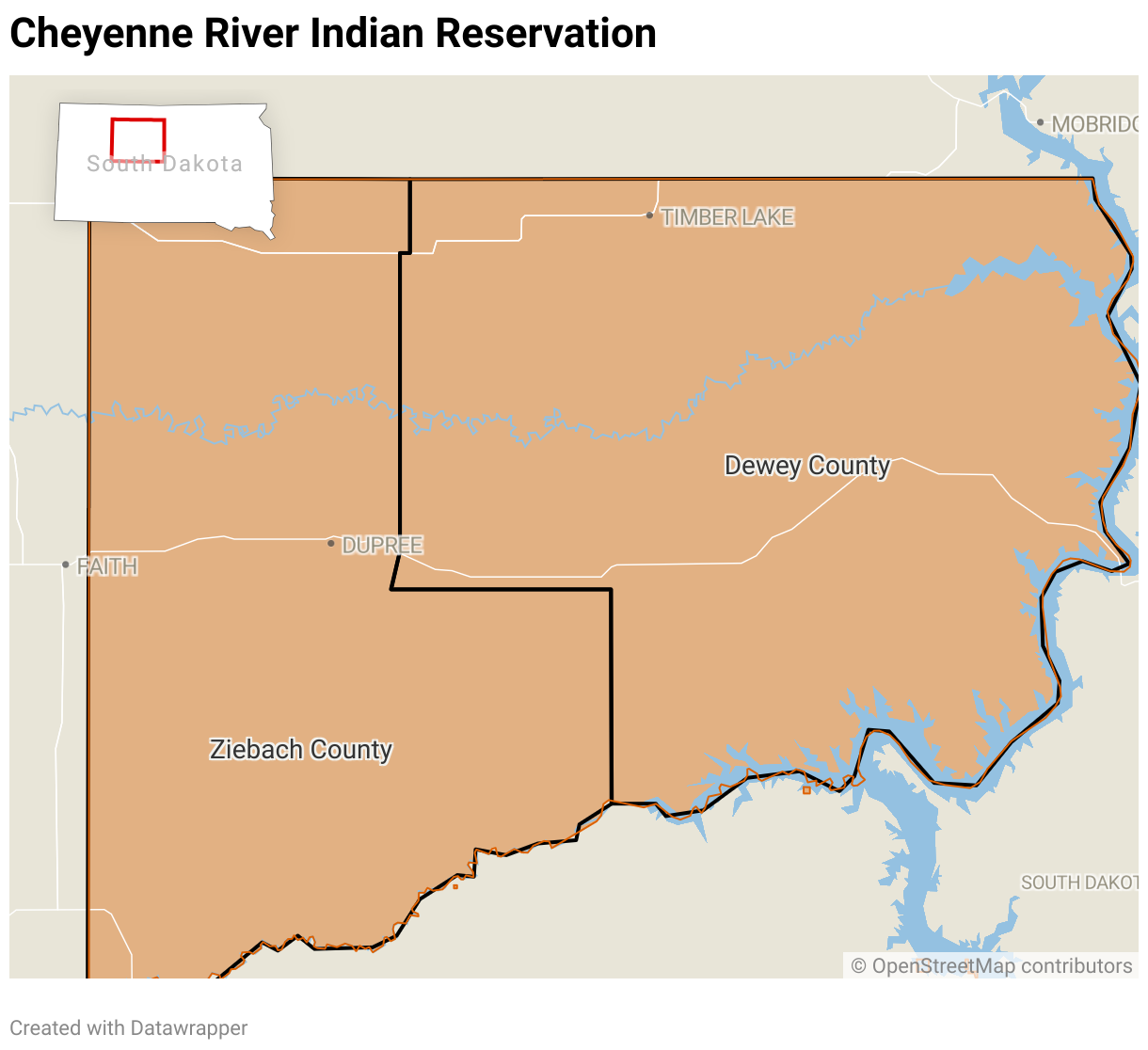 A map highlighting the Cheyenne River Indian Reservation in orange. In the top left corner, an inset map of South Dakota shows that the reservation covers nearly half of the state.