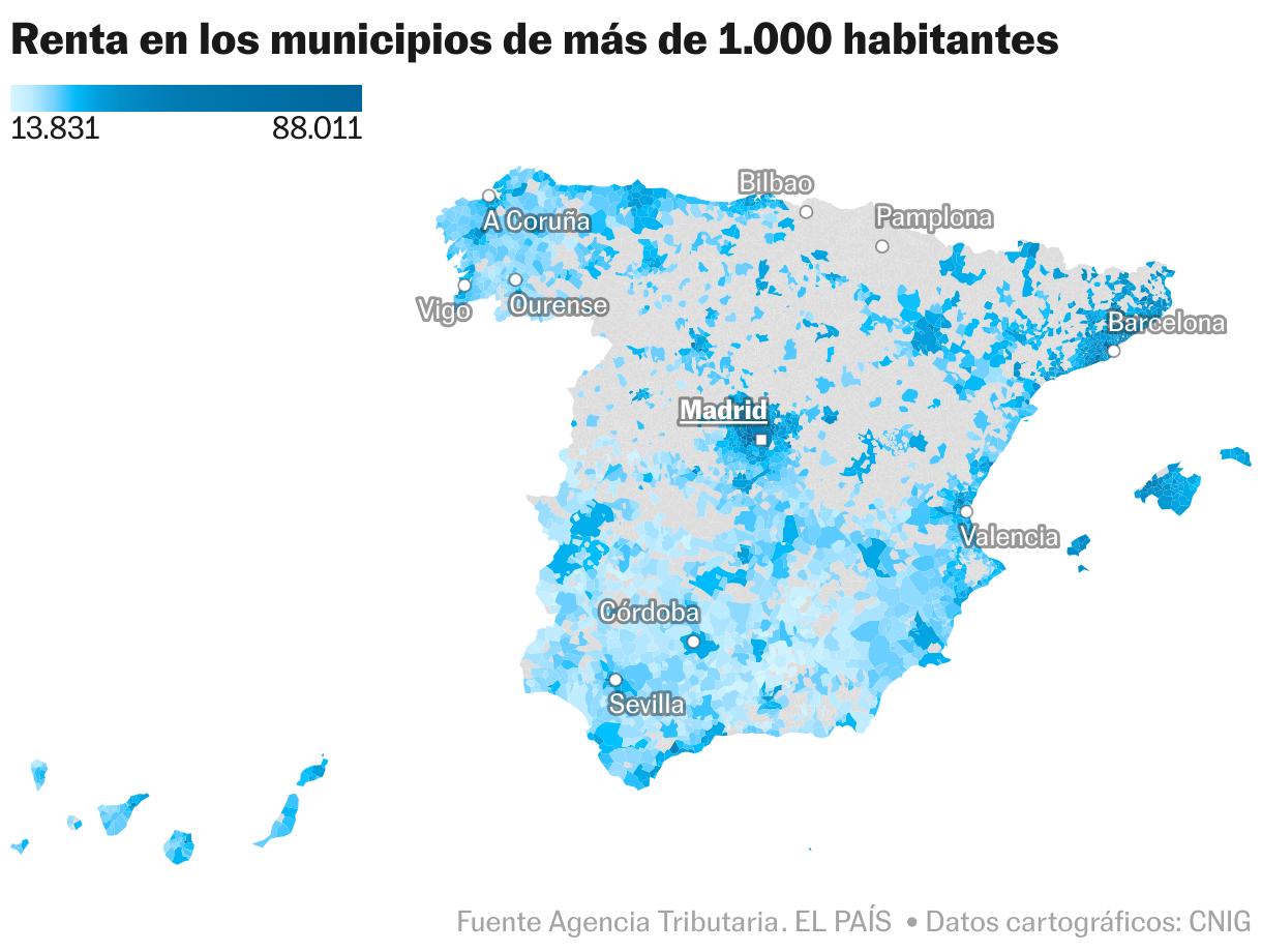Renta en los municipios de más de 1.000 habitantes (Mapa coroplético)