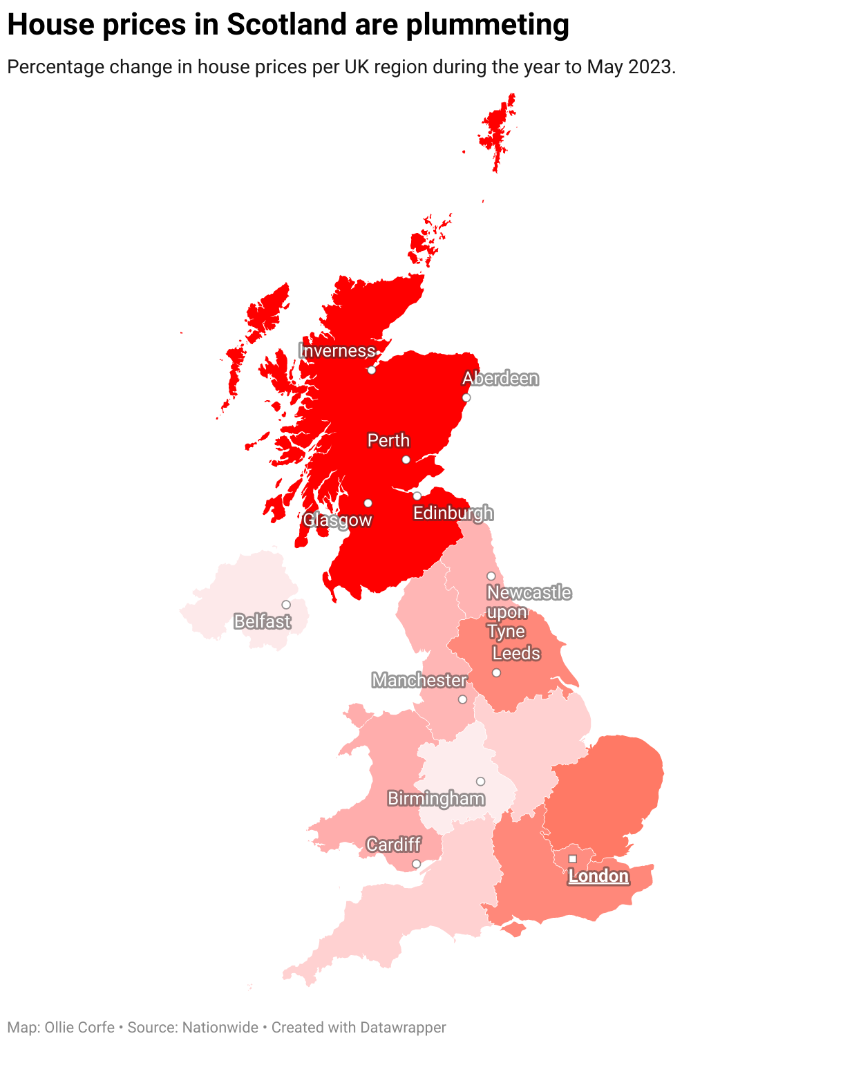 UK map of regional house price falls.