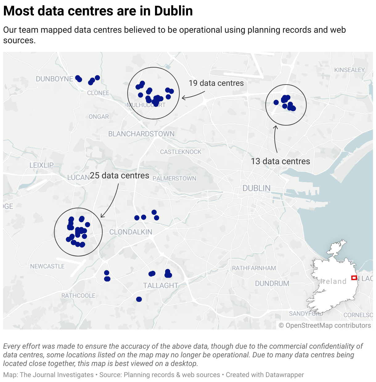 A map of Ireland showing the locations of data centres believed to be operational, with each dot representing a data centre. The data is sourced from planning records and web sources.