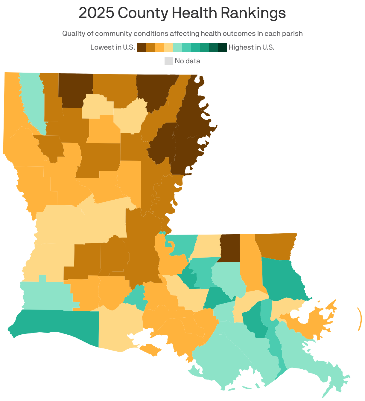 A choropleth map of Louisiana counties showing 2025 County Health Rankings. Parishes were ranked by the quality of community conditions that affect local health outcomes, such as social and economic factors, physical environment and health infrastructure. Ascension Parish, La. ranked the highest in the state, while East Carroll Parish, La. ranked the lowest.