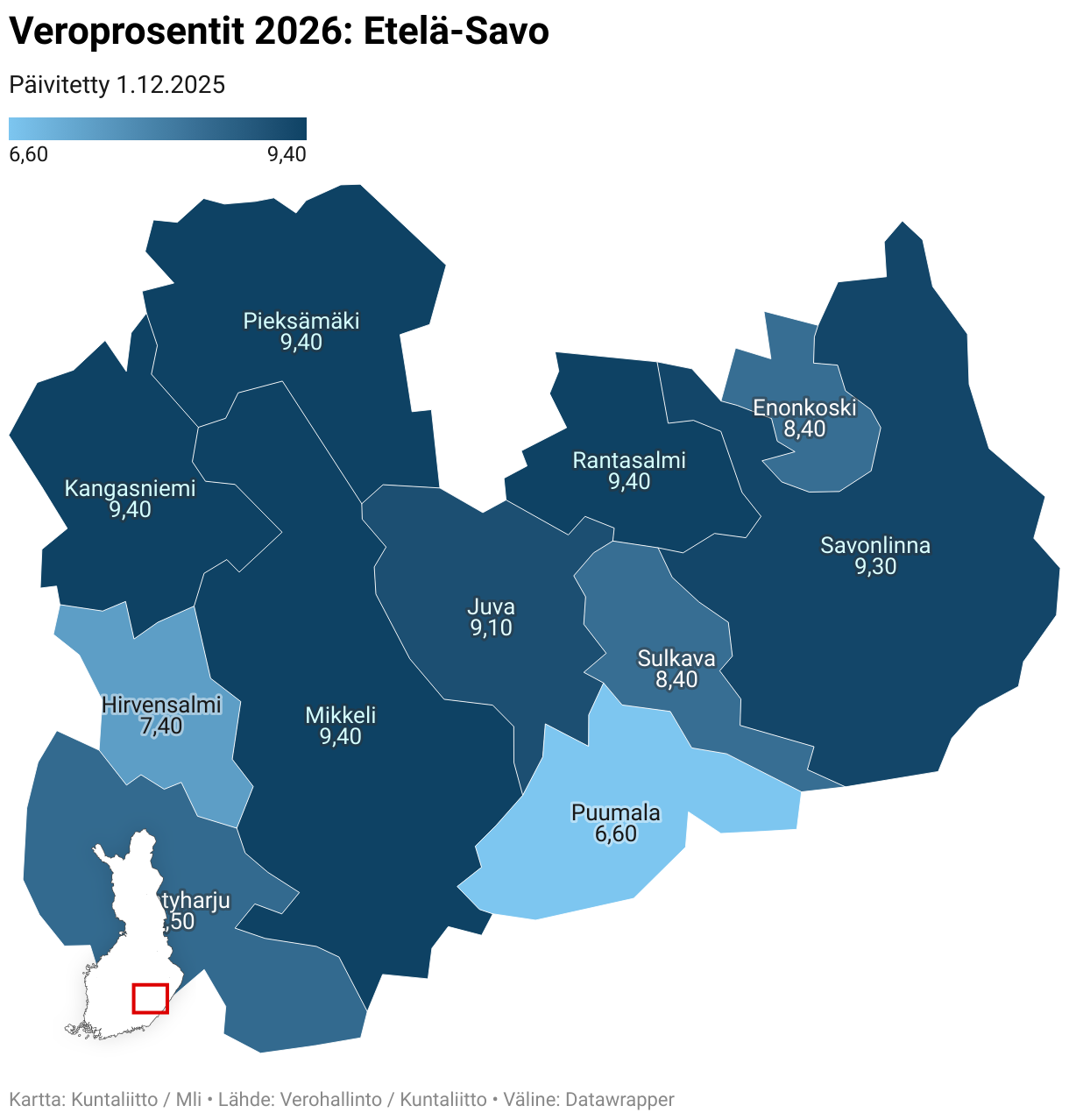 Veroprosentit 2026: Etelä-Savo (Choropleth map)