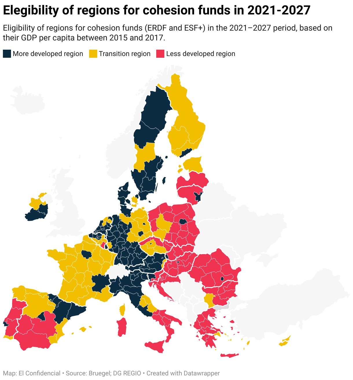 Elegibility of regions for cohesion funds in 2021-2027 (Choropleth map)