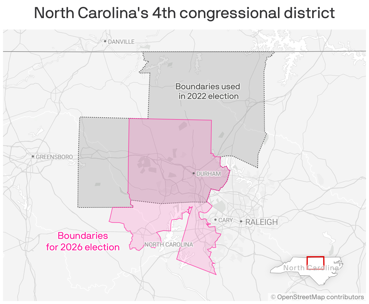 A map showing the location of North Carolina's 4th congressional district. As compared to the boundaries used in the 2022 election, the boundaries that will be used in the 2026 election have shifted south.